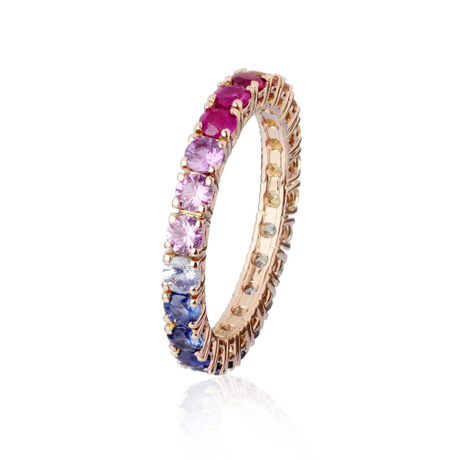 Forever-Unique-Jewels-Sapphire-Stones-Zaffiri-Fancy-cut-Hearts-cut-Rose-gold-Eternelle-ring-Rainbow-Anello-Veretta-Gold-Daily-Chic-Collection.